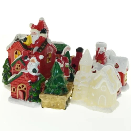 Julelandsby og tog med led lys (str. 11x15x9 cm)