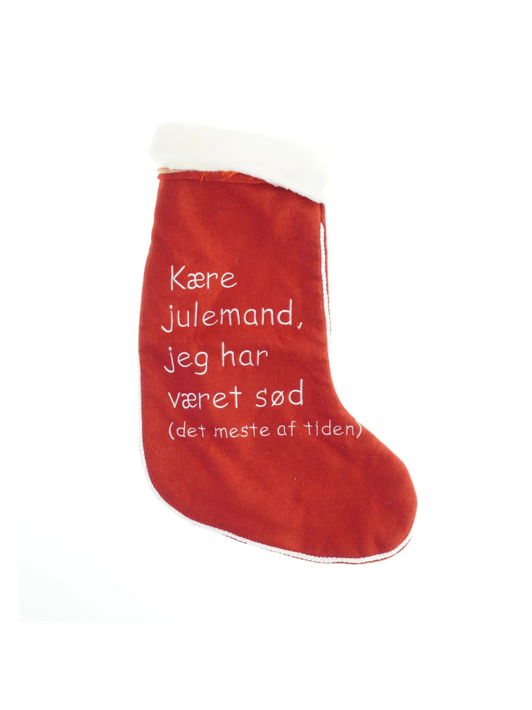 Rød julesok med tekst (str. 45x32 cm)