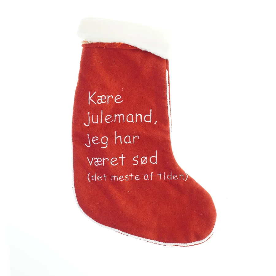 Rød julesok med tekst (str. 45x32 cm)
