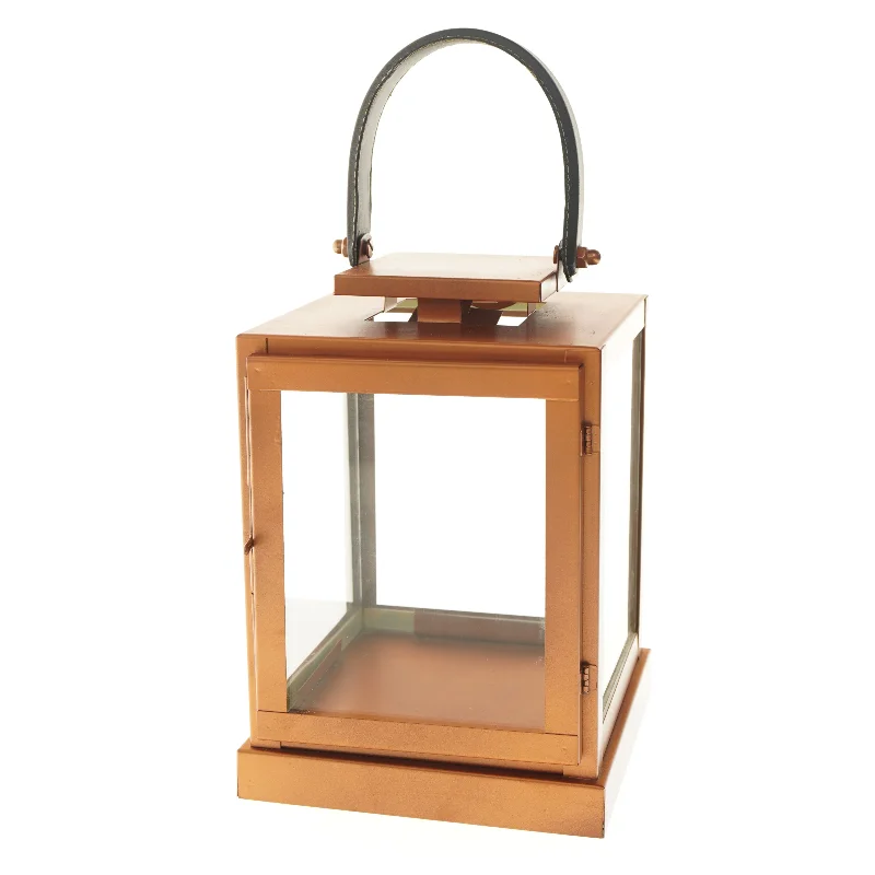 Kobberfarvet lanterne med læderhåndtag på toppen (str. 25,5x18,5 cm)