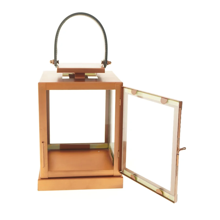 Kobberfarvet lanterne med læderhåndtag på toppen (str. 25,5x18,5 cm)