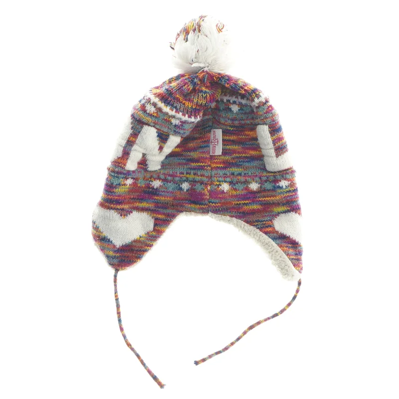 Farverig vinterhue med kvast (str. 22x25 cm)