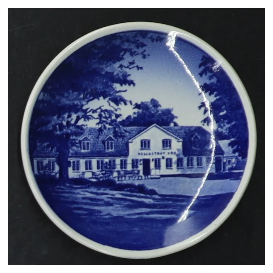 Blå og hvid porcelænsplatter med danske landskaber fra Royal Copenhagen (str. 8 cm. 6 styk)