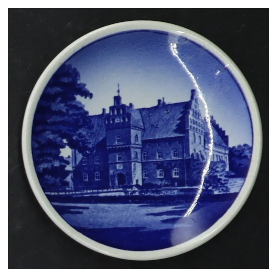 Blå og hvid porcelænsplatter med danske landskaber fra Royal Copenhagen (str. 8 cm. 6 styk)