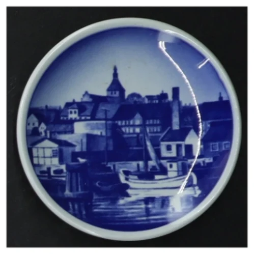 Blå-og-hvid vægplade fra Svendborg Havn, Royal Copenhagen (str. 8 cm. 5 stykker)