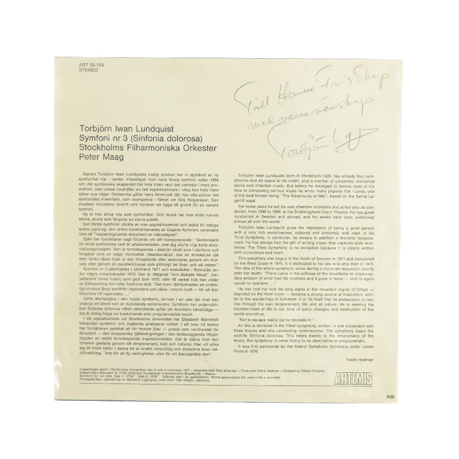 Torbjörn Iwan Lundquist symfoni nr. 3 vinylplade