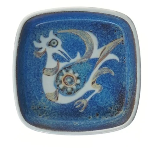 Blåt keramikfad med fuglemotiv fra Royal Copenhagen (str. 11x11 cm)