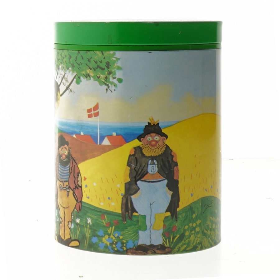 Tin container with Danish theme fra Irma (str. Ø. 11,5 cm. længde. 15 cm)