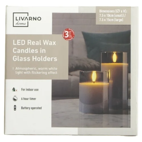 LED stearinlys i glas fra Livarno (str. Ø 7,5 cm højde 10 & 15 cm)