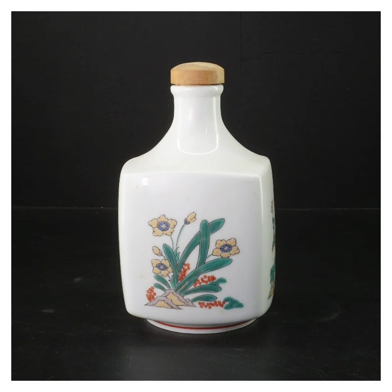 Porcelænsflaske med korklåg og blomstermotiv (str. 20 cm)