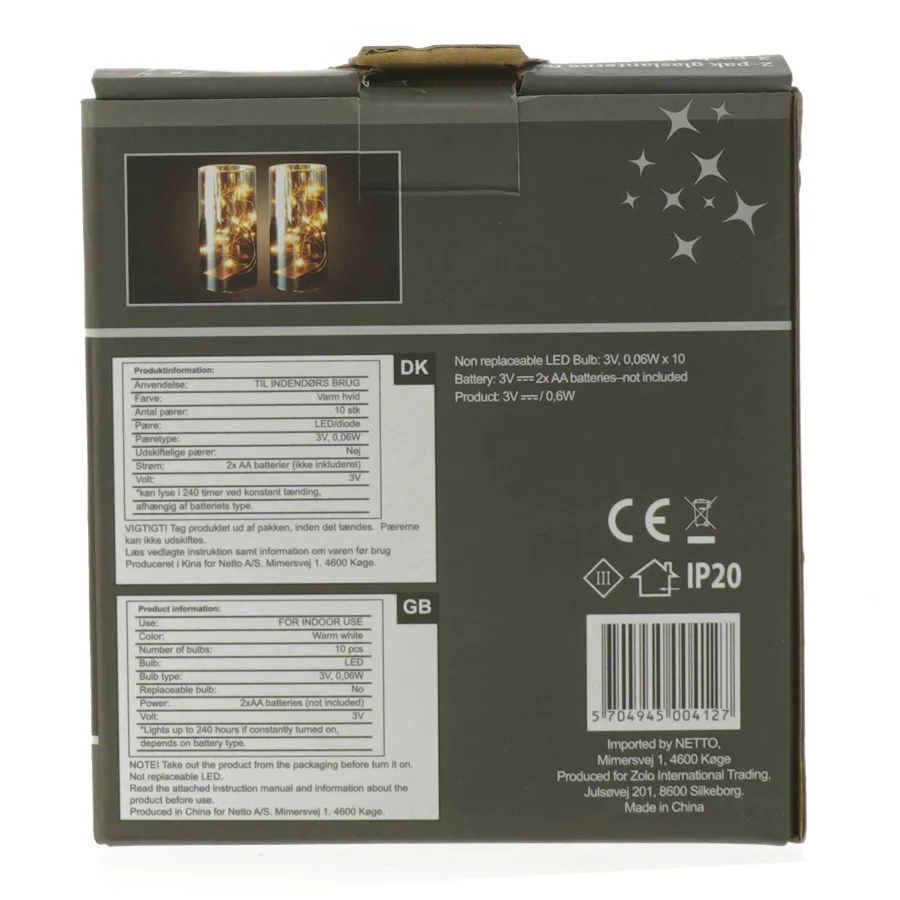 2-pak glaslanterne med LED fra Netto (str. 15 cm. 2 styk)