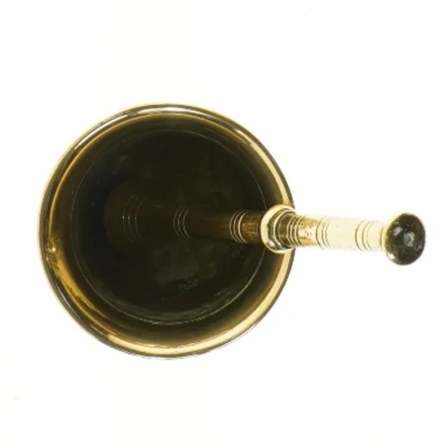 Morter og støder i messing (str. Ø 11 cm længde 12,5 cm)