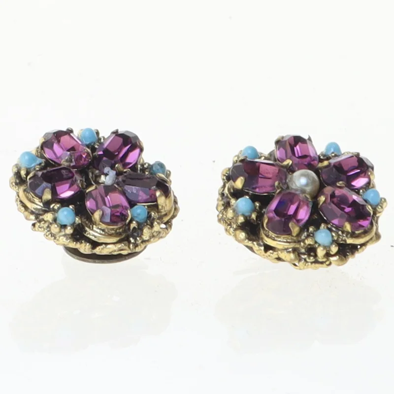 Blomsterformede øreringe med lilla og blå sten (str. Ø 2 cm)