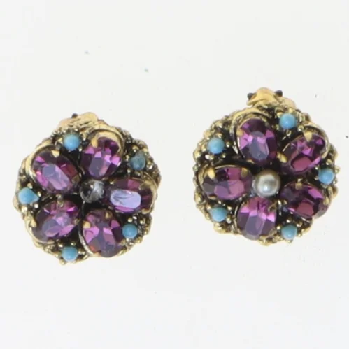 Blomsterformede øreringe med lilla og blå sten (str. Ø 2 cm)