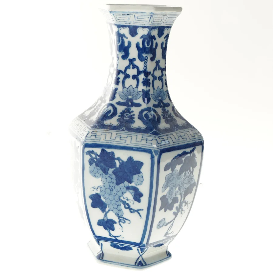 Blå og hvid porcelænsvase (str. 35 cm)