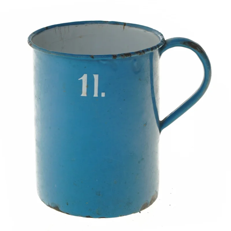 Blå emaljekrus (str. Ø 11 cm længde 13,5 cm)