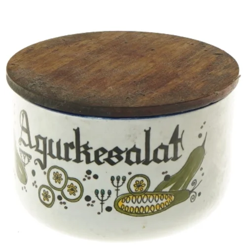 Porcelænsbeholder med trælåg (str. Ø 13 cm)