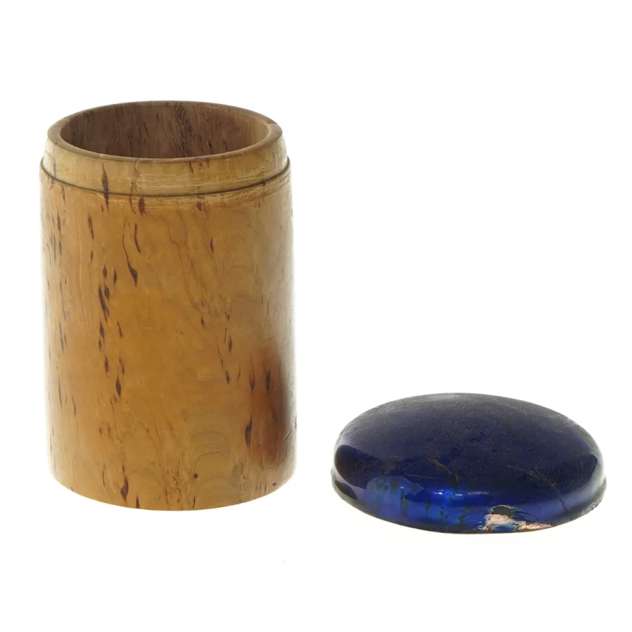 Urne med blåt låg (str. Ø 7 cm længde 12 cm)