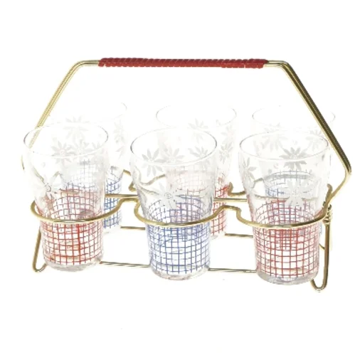 Sæt med seks dekorerede glas og holder (str. 6 stkØ 6,5 cm længde 10 cm)