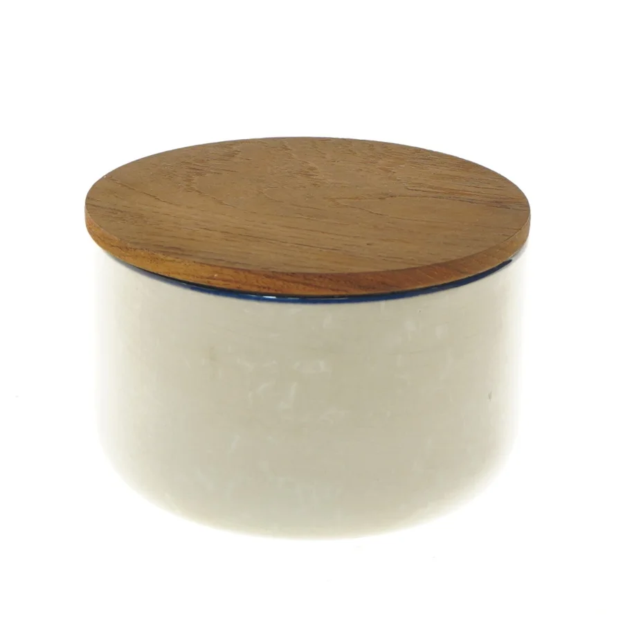 Keramik krukke med trælåg fra Knabstrup (str. Ø 13x8,5 cm)