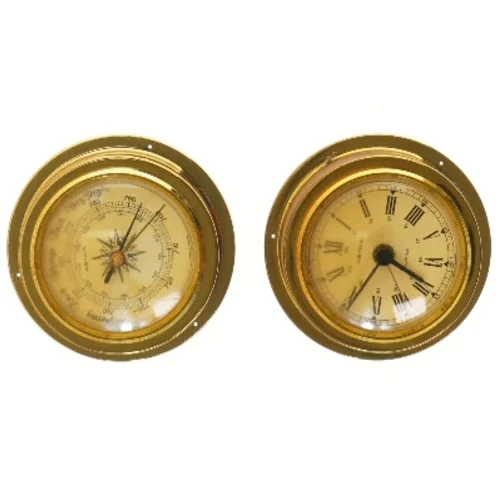 Messing vægur og barometer (str. Ø 14 cm)
