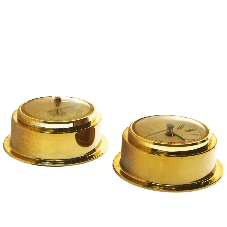 Messing vægur og barometer (str. Ø 14 cm)