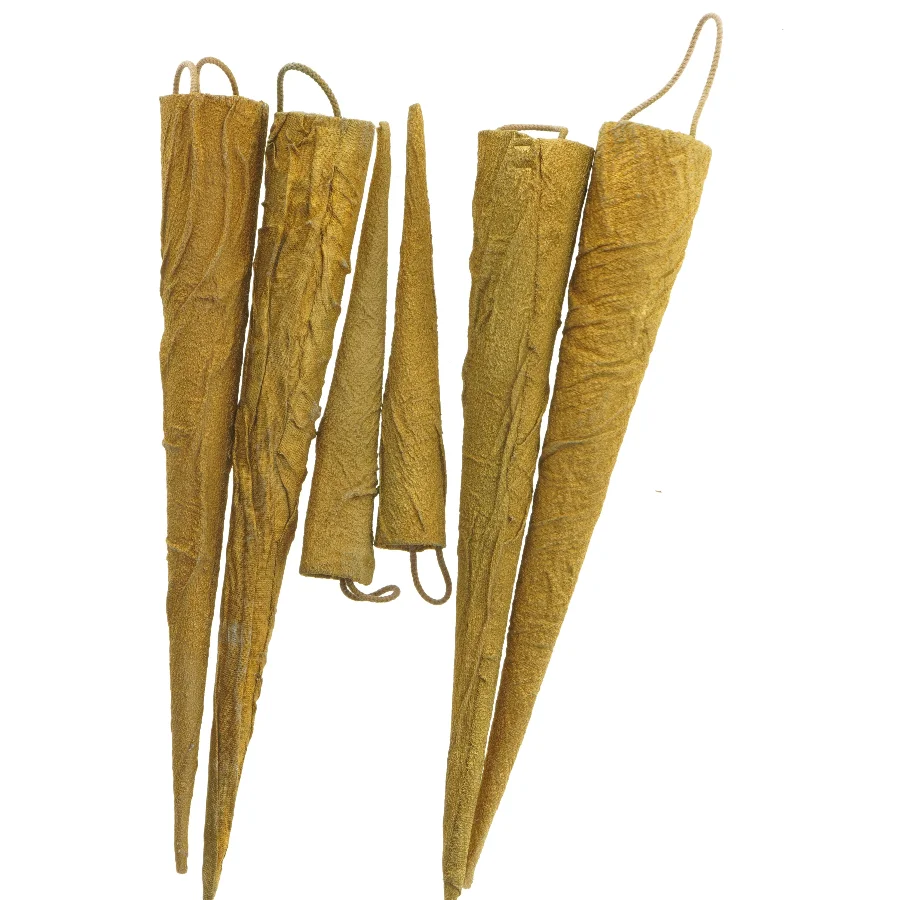 6 store, håndlavede kræmmerhuse med forgyldt stof (40 cm) 