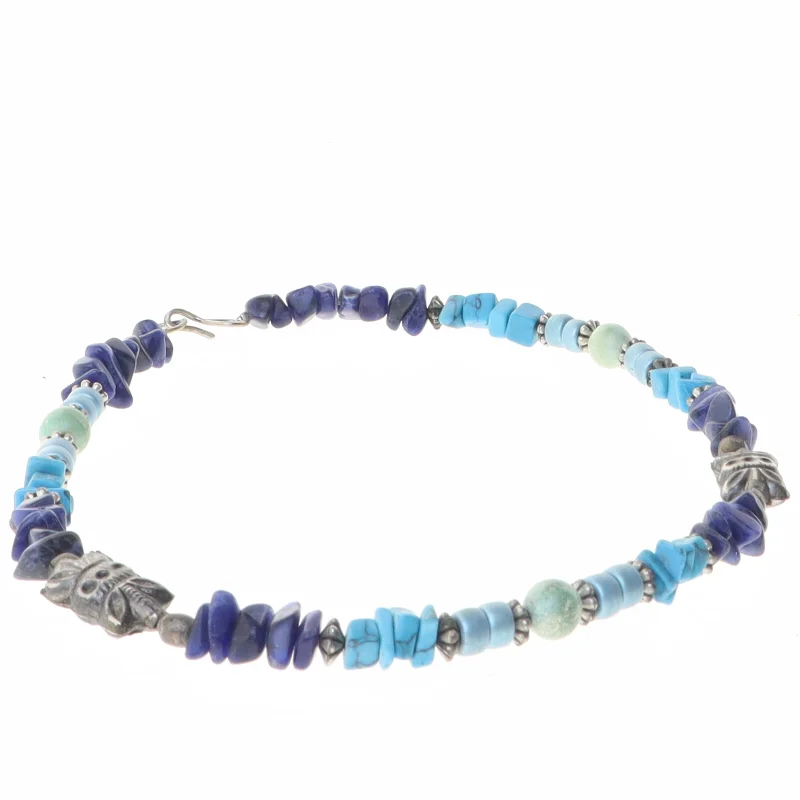 Halskæde med turkiser og blå natursten m.m. (str. 40 cm)