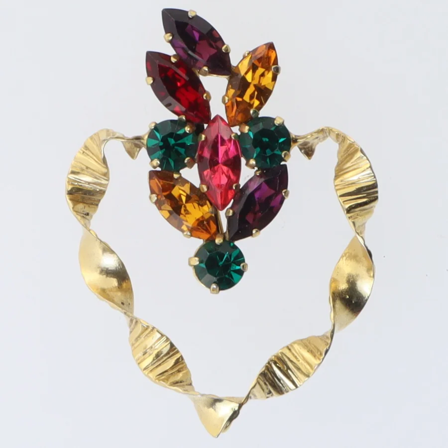 Vintage broche med farvede sten (str. 7 x 5 cm)