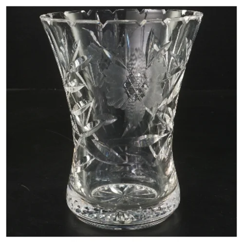 Dekoreret glasvase (str. Ø 13 cm længde 16,5 cm)