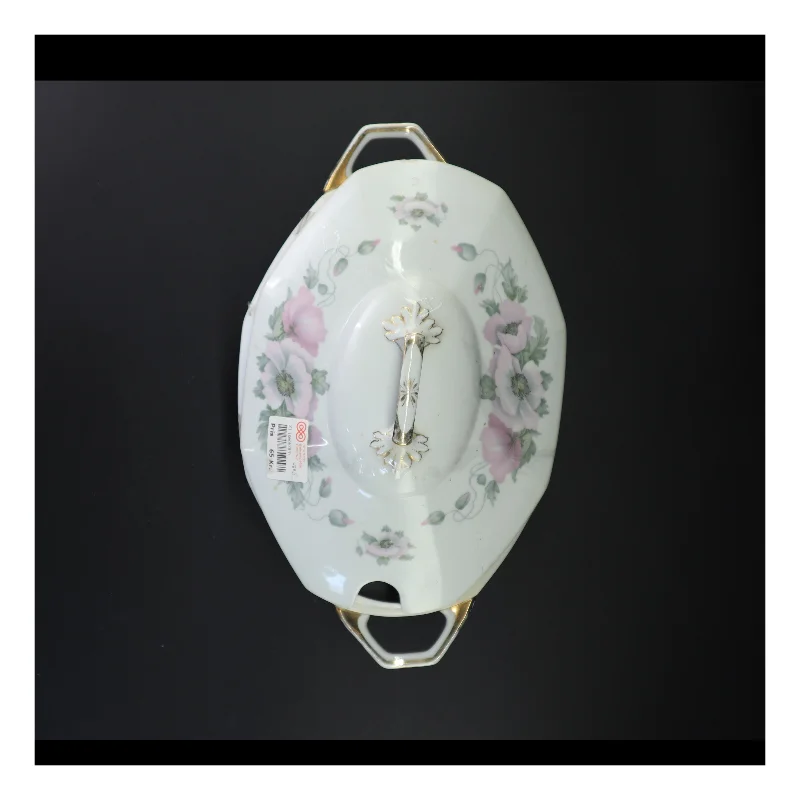 Floral porcelæn serveringsskål med låg (str. 34 x 20 cm)