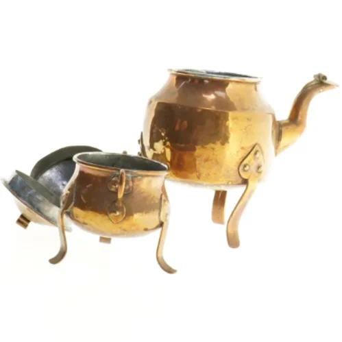 Messing te-sæt med kaffekande og sukkerskål (str. 12 x 10 cm og 25 x 19 x 20 cm)