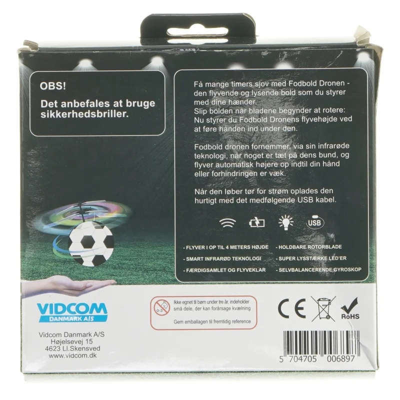 Fodbolddrone med LED lys fra Vidcom Danmark (str. 12 cm)