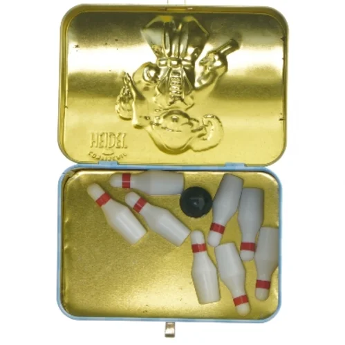 Blikæske med mini bowling sæt fra Heidel (str. 11,5x8 cm)