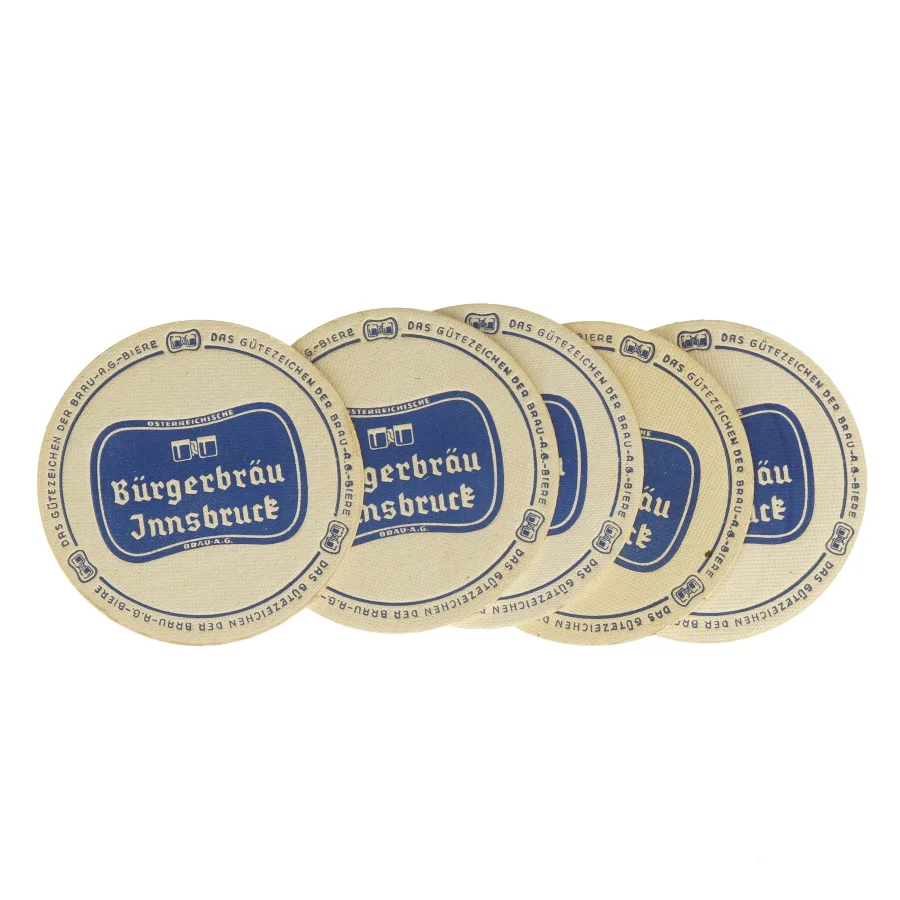 Vintage ølbrikker fra Burgerbrau Jnnsbrurk (str. Ø. 12 cm)