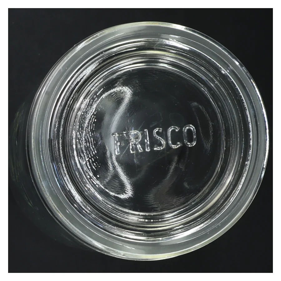 Glasbeholder med FRISCO logo fra Frisco (str. Ø 12 cm længde 21 cm)