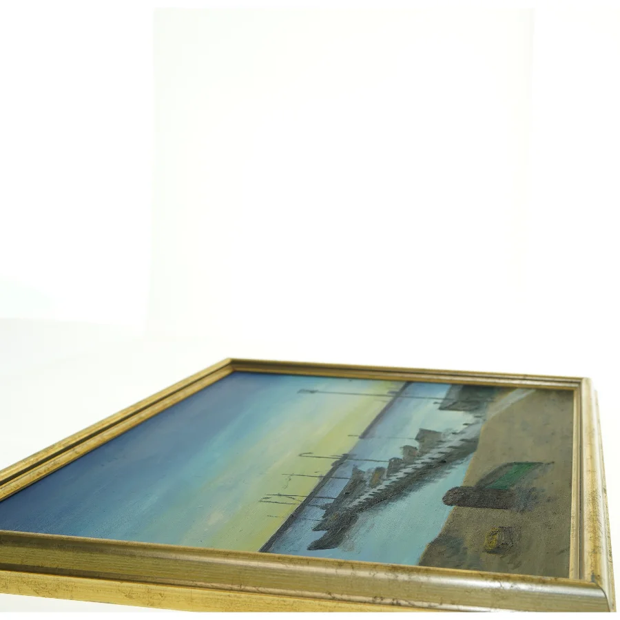 Oljemaleri af havneudsigt (str. 54 x 44 cm)