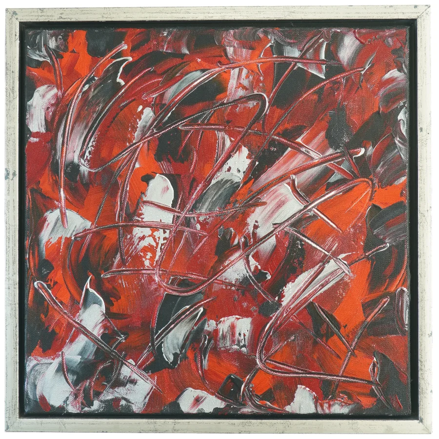 Abstrakt maleri i røde og sorte nuancer (str. 44 x 44 cm)