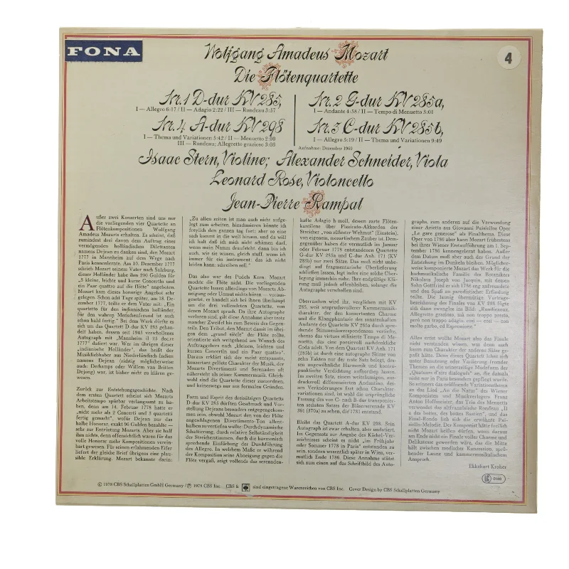 Wolfgang Amadeus Mozart Die Flötenquartette LP fra CBS
