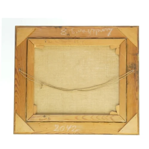 Olie maleri med landsbyscene i gylden ramme (str. 55x48 cm)