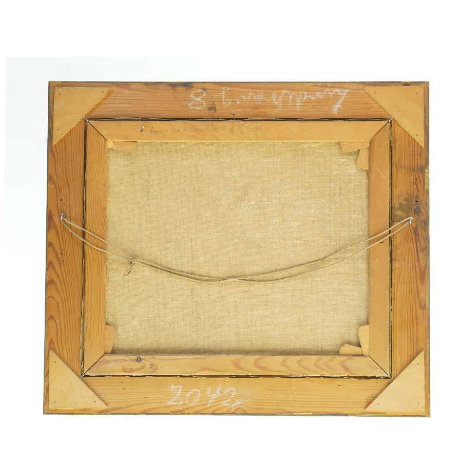 Olie maleri med landsbyscene i gylden ramme (str. 55x48 cm)