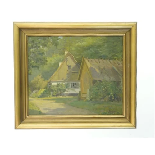 Olie maleri med landsbyscene i gylden ramme (str. 55x48 cm)