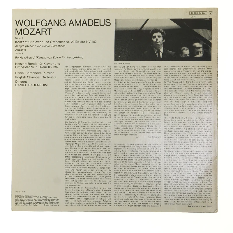 Mozart Koncert for Klavier og Orkester LP fra EMI Electrola