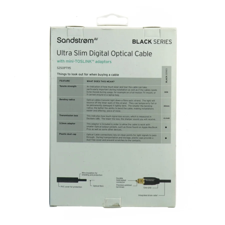 Sandstrøm Ultra Slim Digital Optisk Kabel med mini-TOSLINK adaptere fra Sandstrøm (str. 20 x 14 cm)