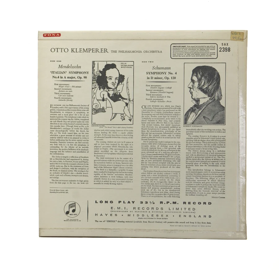 Mendelssohn og Schumann Symfonier LP fra Columbia