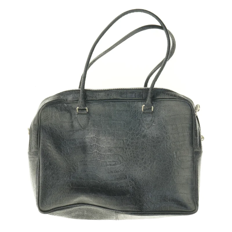 Sort skuldertaske i krokodillepræget læderlook (str. 43 x 33 x 11 cm)