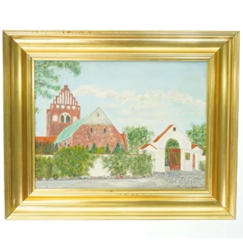 Maleri af kirke i ramme (str. 53x43 cm)