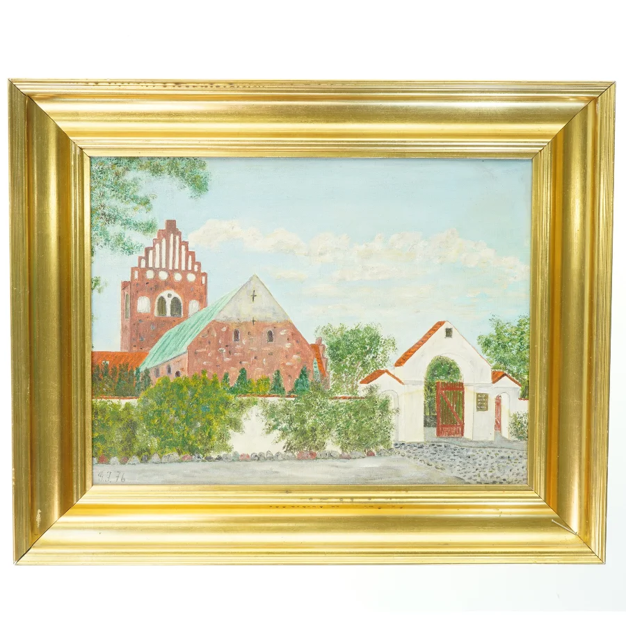 Maleri af kirke i ramme (str. 53x43 cm)