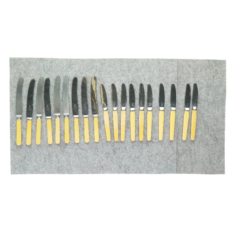 Knivsæt (19 stk.) fra Tomt (str. L:22cm og L: 24,5cm)