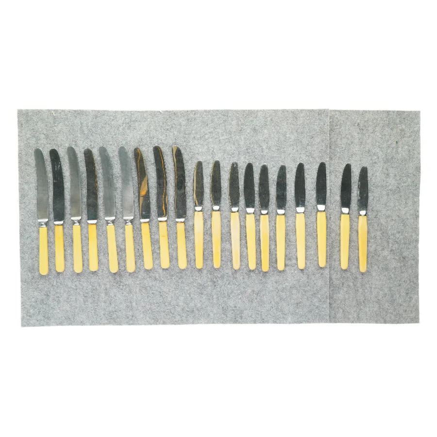 Knivsæt (19 stk.) fra Tomt (str. L:22cm og L: 24,5cm)